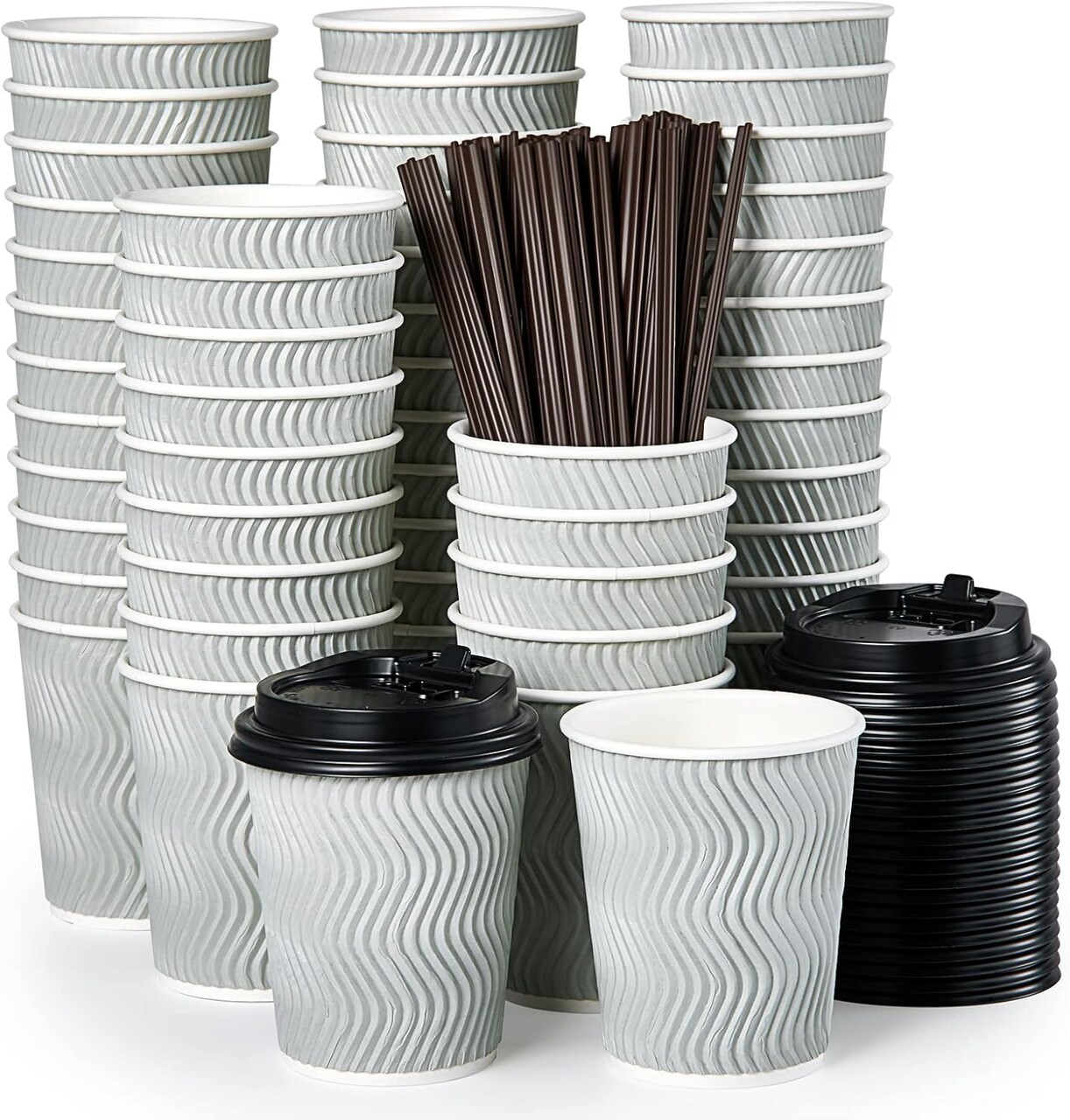 8 oz Disposable Coffee Cups, Paper Coffee Cups With Lids & Straws, 100 Count Insulated Ripple To Go Coffee Cups 8 oz for Tea, Hot Chocolate and Drinks